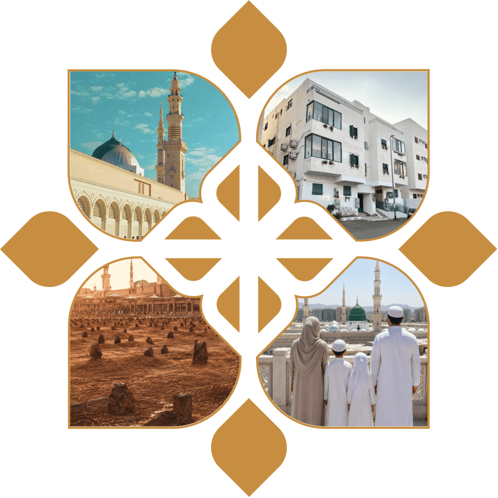 Masjid an-Nabawi, the residence, Jannat al-Baqi, and a family visiting Al-Madinah