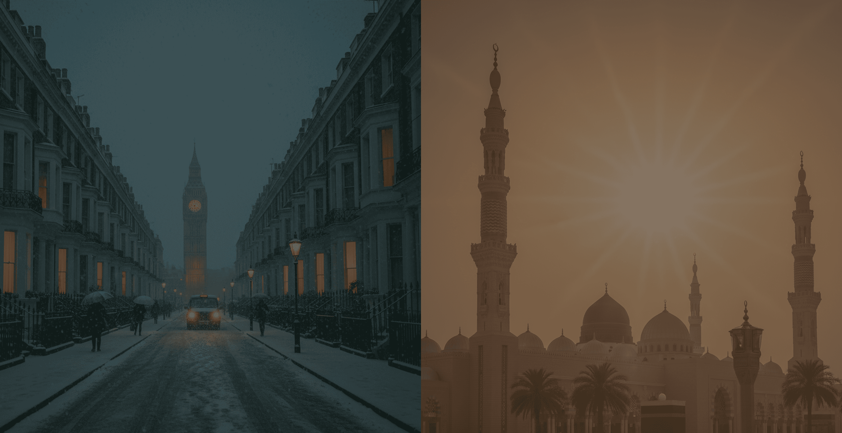 A snowbound Western city street at dusk on the left, Masjid al-Nabawi at sunrise on the right