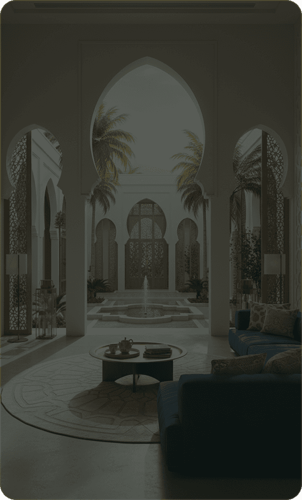 A courtyard majlis framed by a keel arch, palms standing around a fountain