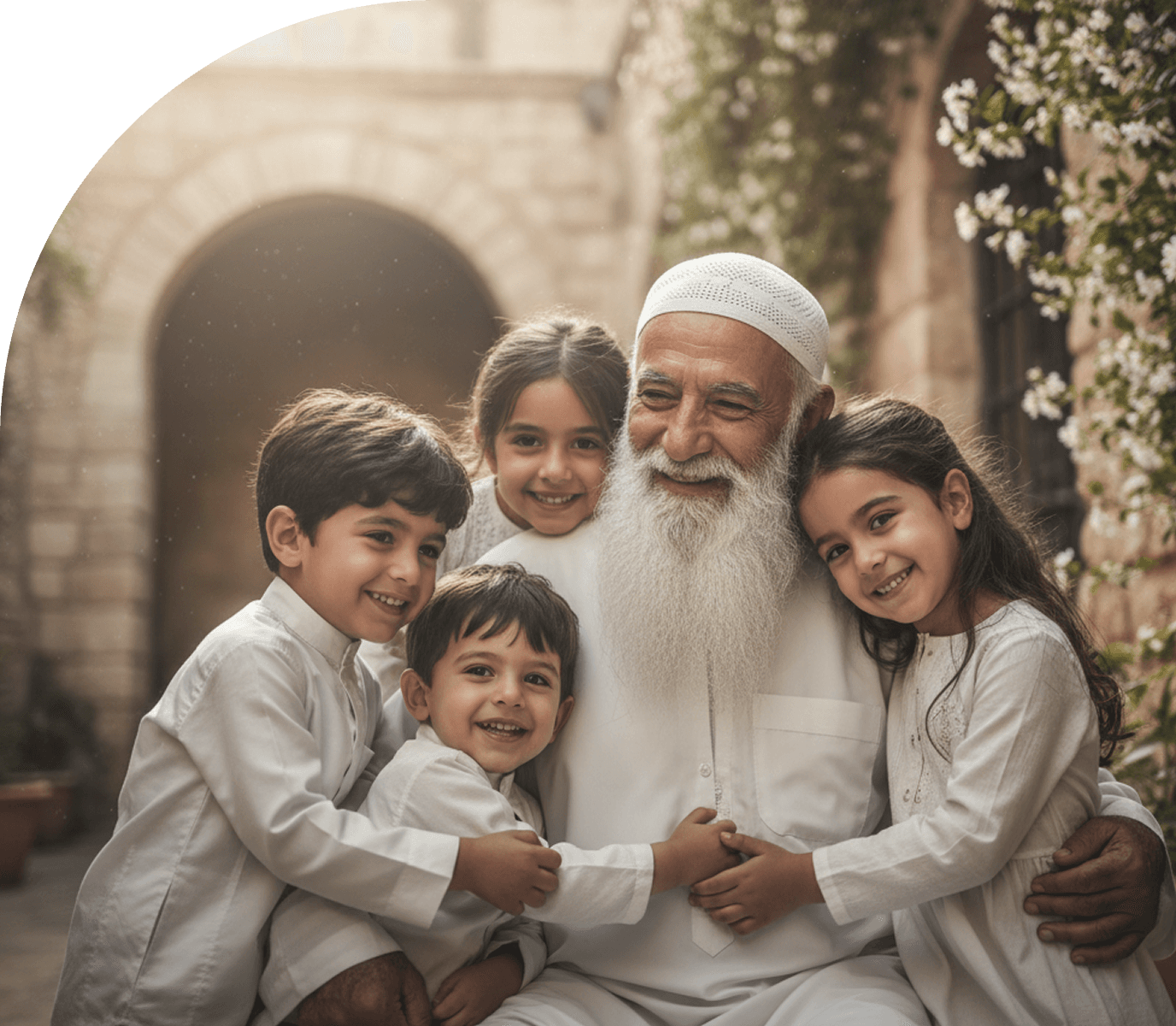 An elderly man surrounded by four grandchildren in a courtyard doorway
