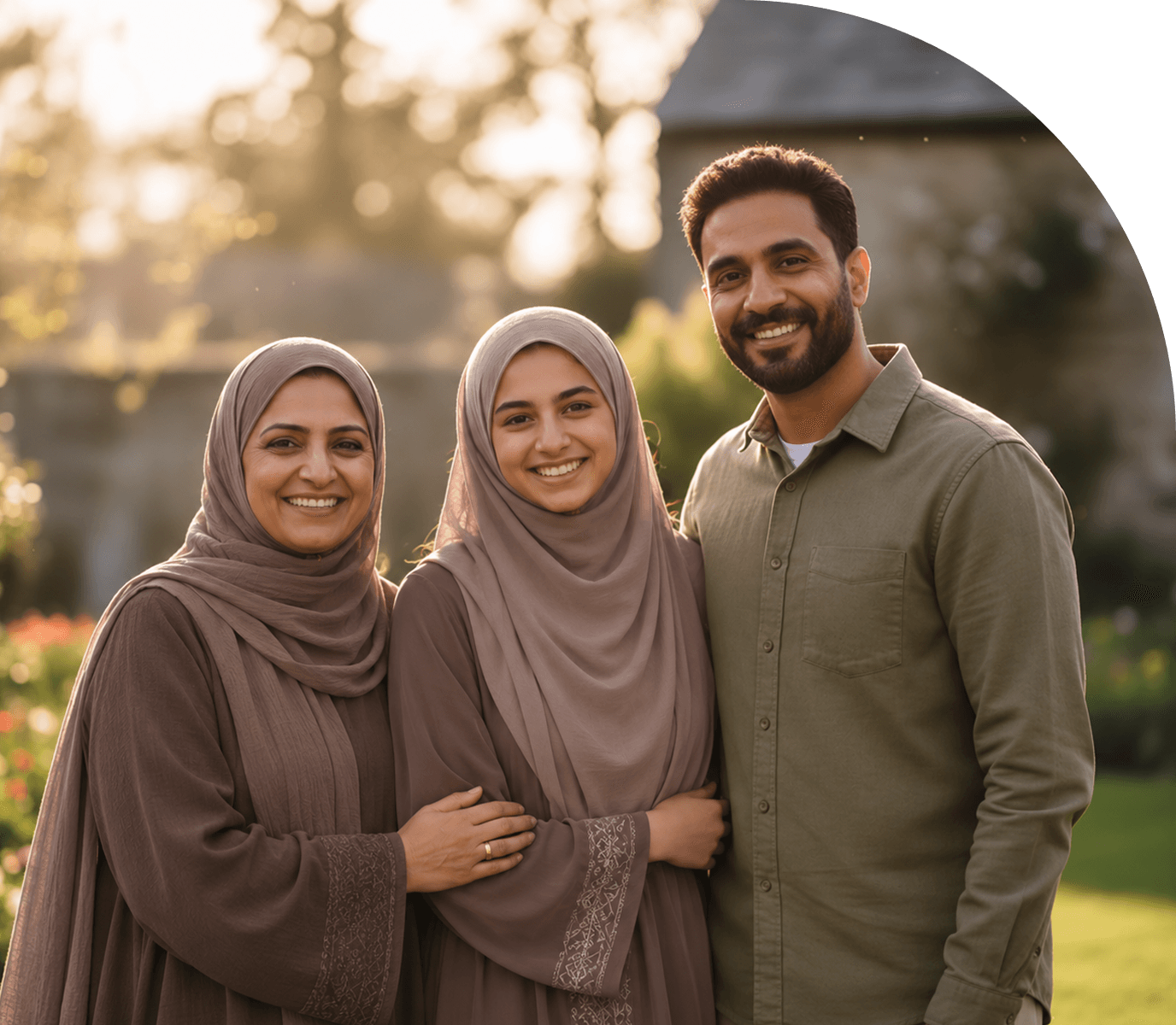Ahmed and Farida Hassan standing with their daughter in a sunlit English garden