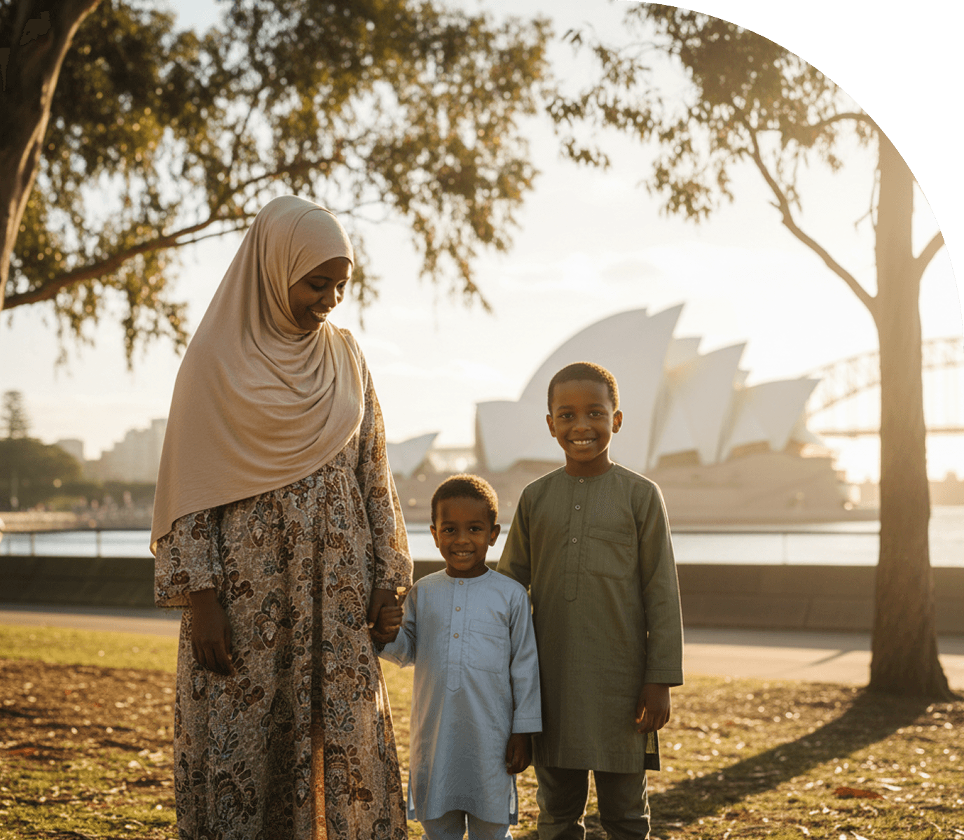Maryam holding her younger son's hand beside her elder son in a Sydney harbour park