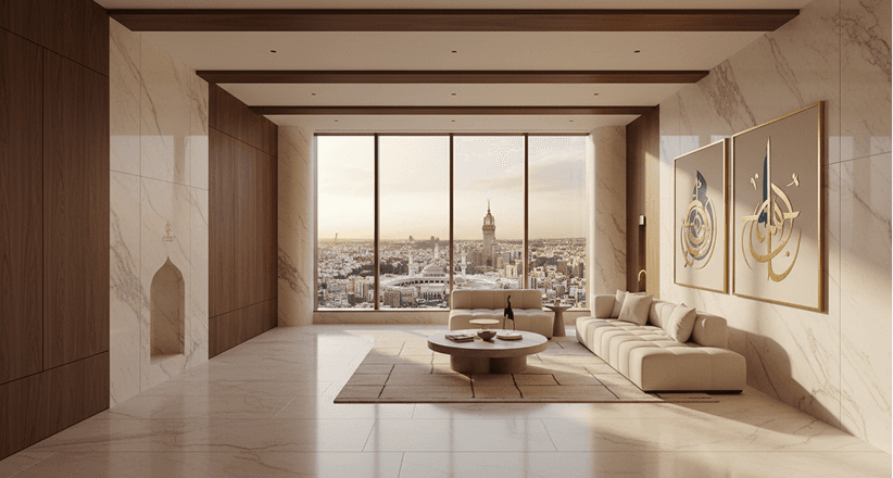 A marble residence lounge with floor-to-ceiling windows over the Makkah skyline