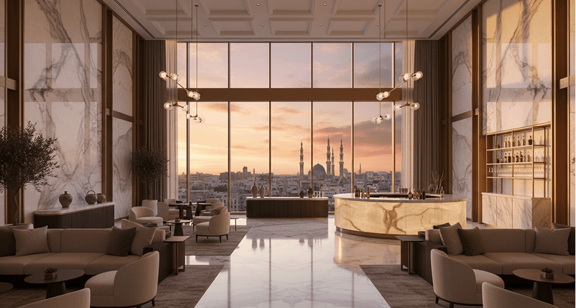 A marble lobby at sunset looking out over the minarets of Al-Madinah