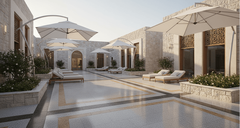 A shaded stone courtyard with parasols, loungers and a reflecting terrace