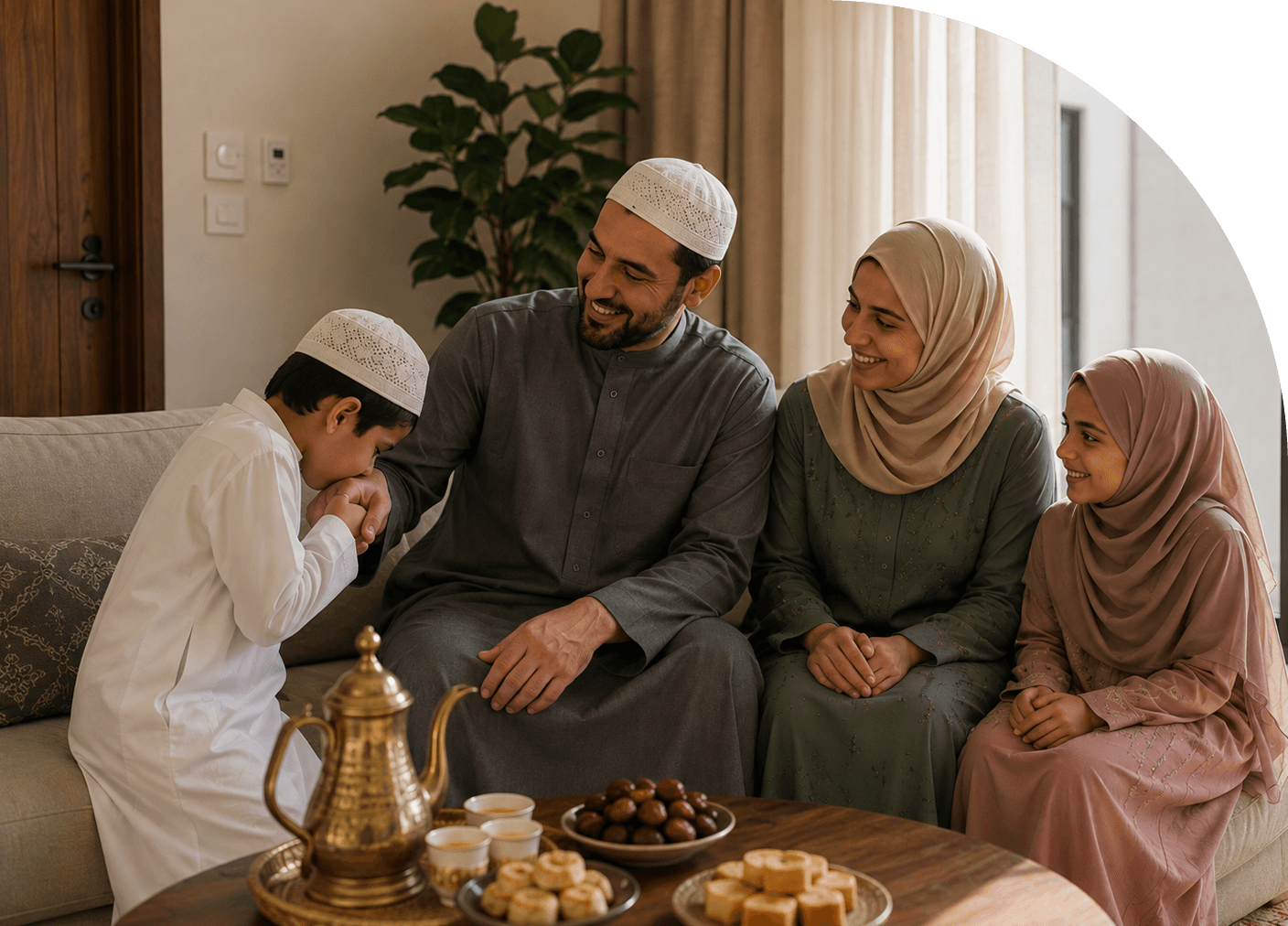 Three generations of a family sitting together over Arabic coffee and dates