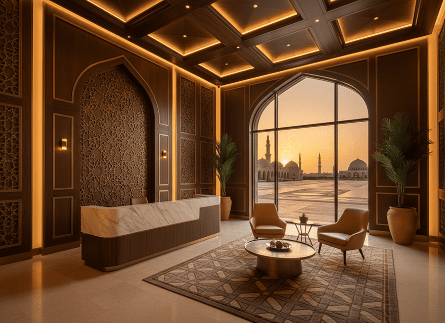 The residence lobby at sunset, an arched window looking out over Masjid al-Nabawi