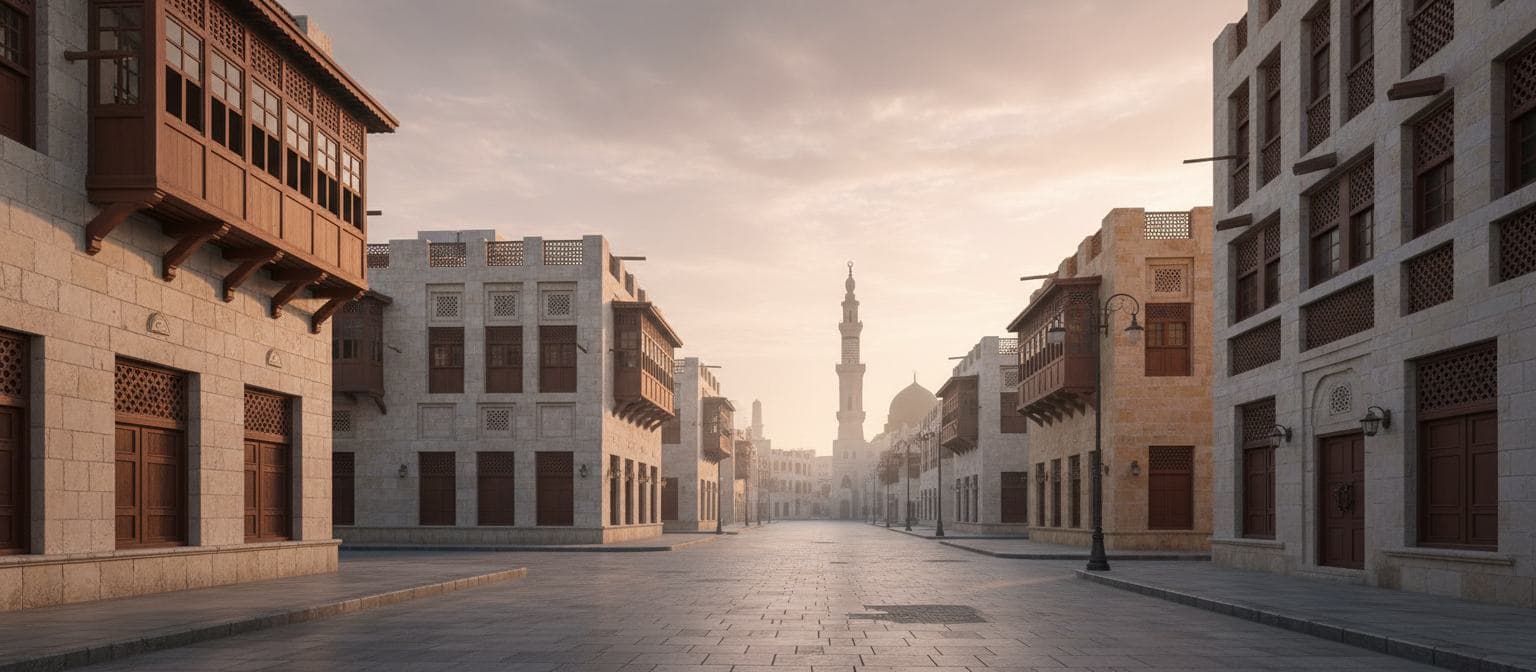 An empty stone street in Al-Madinah at dawn, looking toward the minaret and green dome